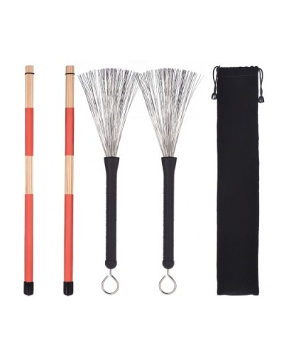 1 Pair Drum Rods Sticks + 1 Pair Drum Brushes Drum Stick Set with Storage Bag for Jazz Folk Music